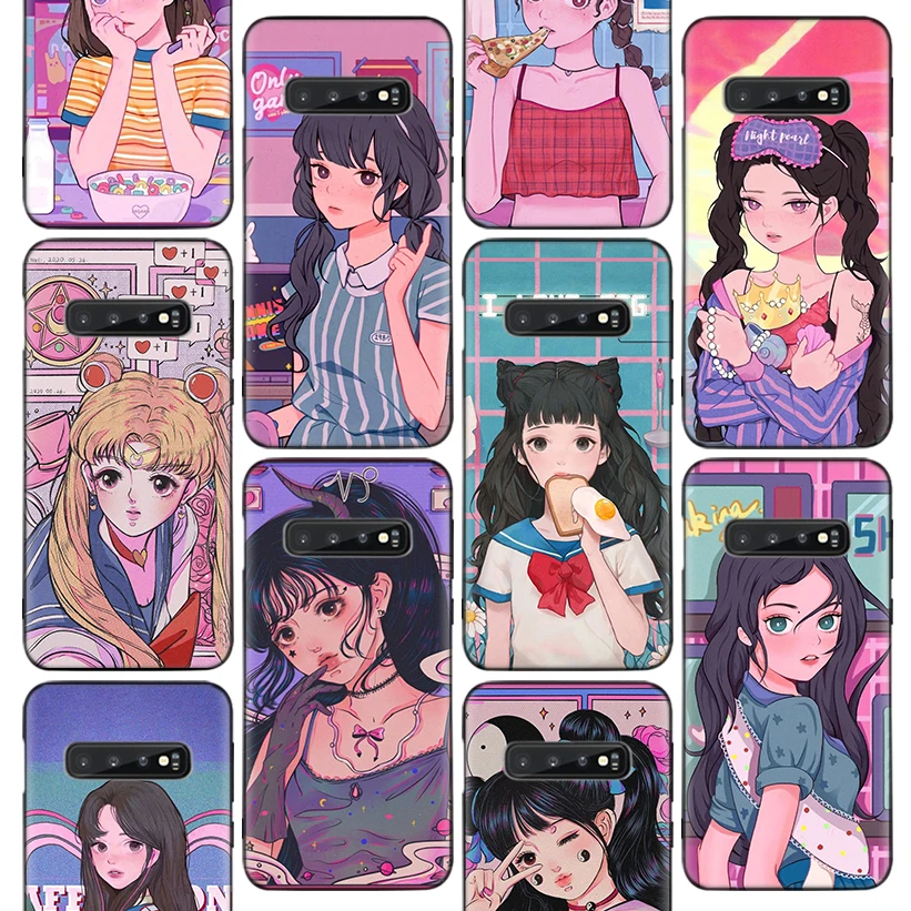 

INS Kawaii Japanese Anime illustration Girl Phone Case For Samsung Galaxy S10 Plus S20 FE S21 S22 Ultra S10E S8 S9 + S7 Edge J4