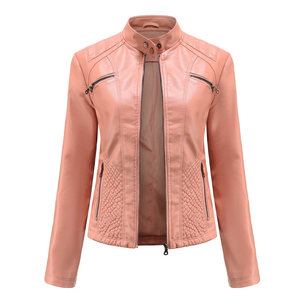 New Ladies' Casual Leather Jacket Stand Collar Slim Faux PU jacket Motorcycle Cardigan Trench Coat Jackets
