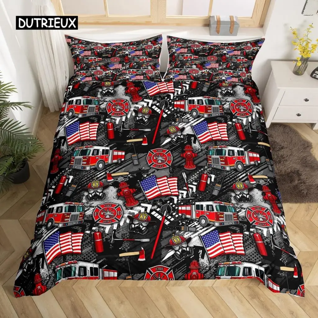 

Комплект пододеяльников с американским флагом и пожарной машиной, двойное одеяло, чехол с наволочкой, постельное белье с американским флагом, огненный полиэстер