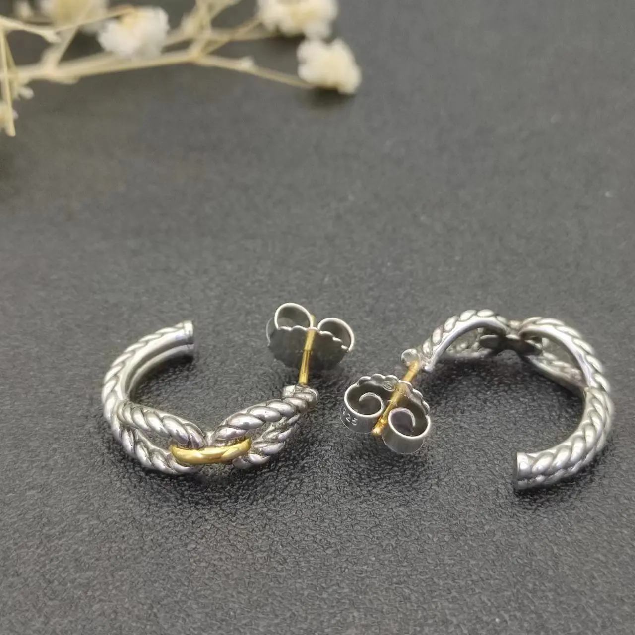 DY David Yurman Gold Hook Twisted Wire Buckle Earrings in Sterling Silver with 14K Yellow PlatedPlated
