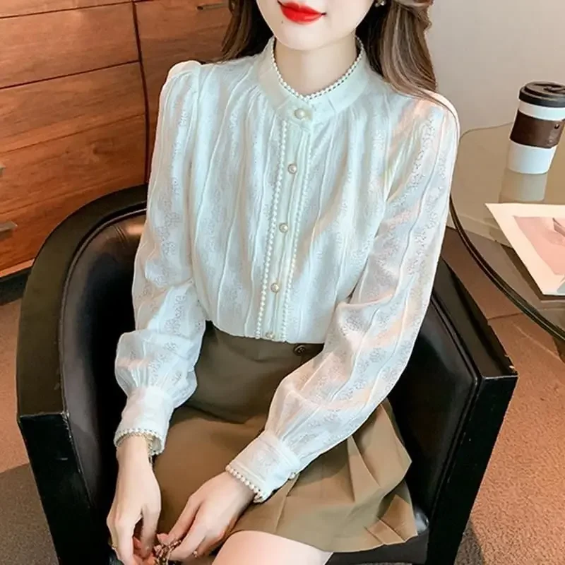 Рубашка женская однотонная с длинным рукавом модный кружевной топ в стиле