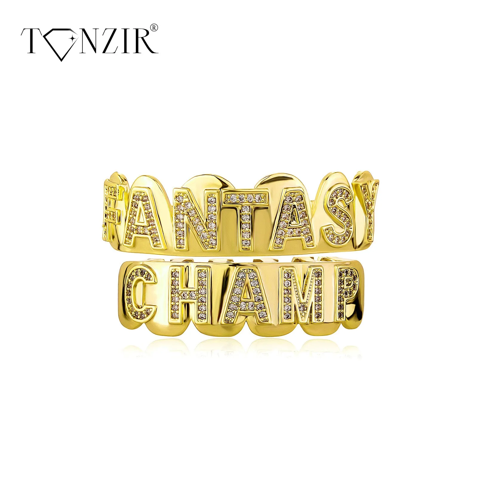 

TON ZIR New Gold Plated Grillz FANTASY CHAMP Irregularly Hammered Grills Shiny CZ Crystal Tooth Rapper Luxury Jewelry