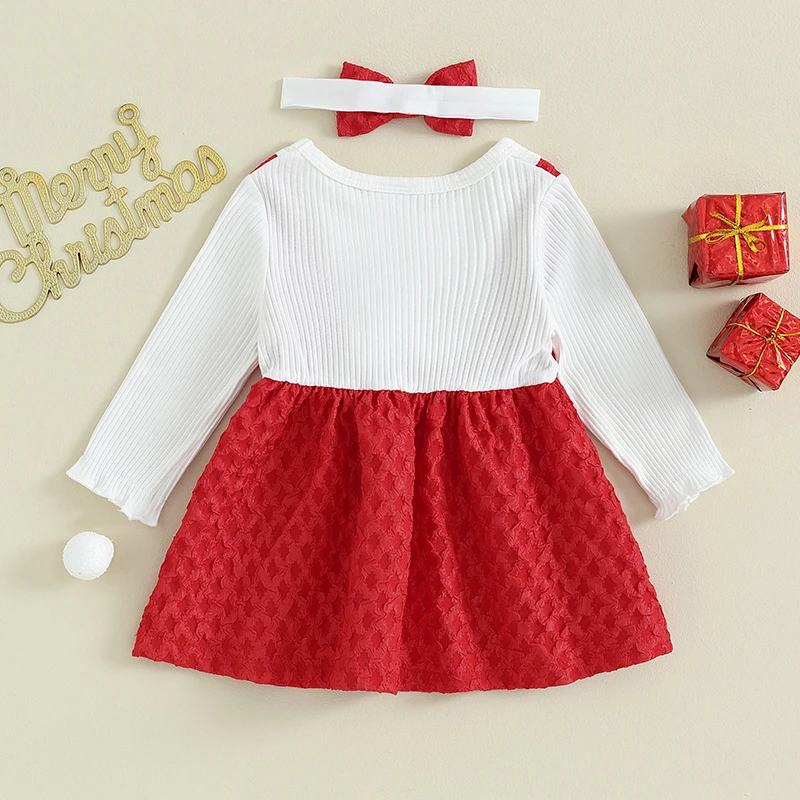 

Baby Girls A Line Dress Floral Jacquard Big Bowknot Crew Neck Long Sleeve Fall Casual Princess Dress with Headband