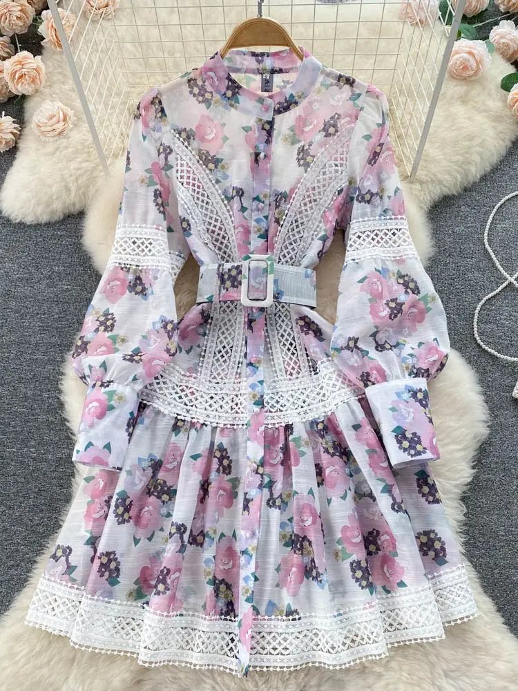 

2022 Fashion Embroidery Lace Hollow Out Stitching Flower Dress Women Single Breasted Lantern Sleeve Floral Print Belt Vestidos