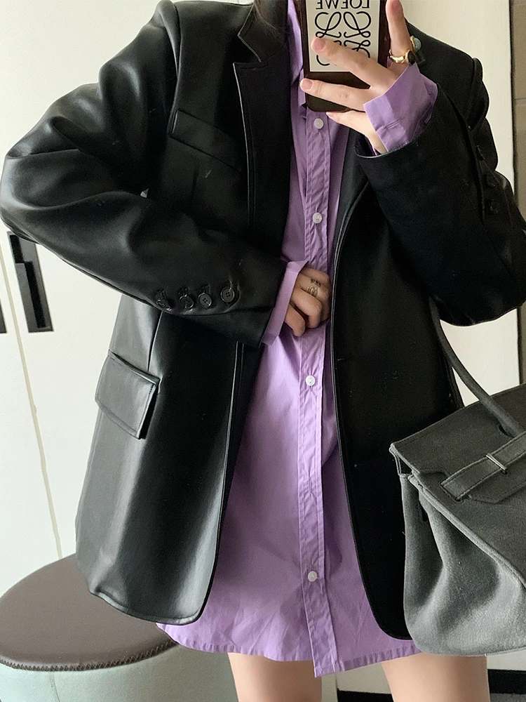 

Fitaylor Spring Autumn New Lady Office Faux Leather Jacket Women Solid Loose PU Leather Coat Fashion Routine Outwear Female Chic