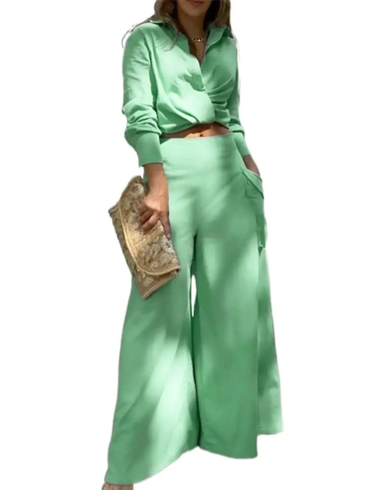 

2023 New Shirt Long Pants Suits 2 Piece Set Women Long Sleeve Shirt Wide Leg Pants Casual White Spring Summer Outfits