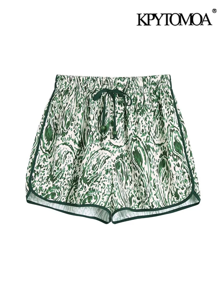 

KPYTOMOA Women Fashion Patchwork Trims Printed Shorts Vintage High Elastic Waist With Drawstrings Female Short Pants Mujer