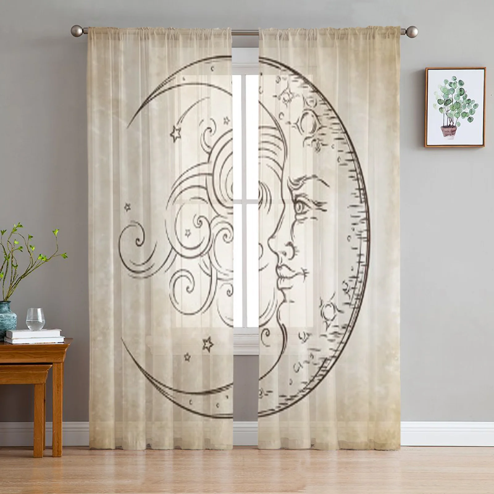 

Antique Style Hand Drawn Art Crescent Moon Tulle Sheer Curtains for Living Room Kitchen Decoration Voile Organza Curtains