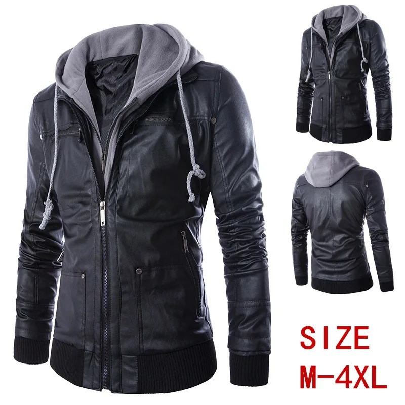 Mens Jackets Faux Leather Hooded Casual Loose Autumn Zipper Punk Style Coats  Motorcycle Jacket