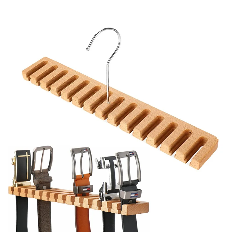 

14 Slots Closet Wooden Belt Rack 360° Rotation Hook Multifunctional Wardrobe Belt Organizer Rack Tie Scarf Storage Shelves