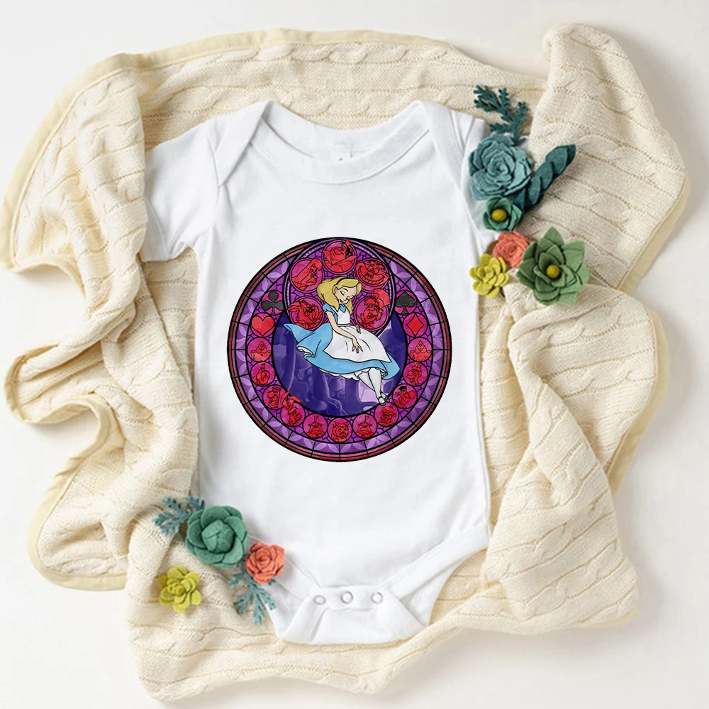 

Disney White Short Sleeve Baby Onesie Summer New Creativity Princess Series Print Alice Graphic Minimalist Newborn Romper Trend
