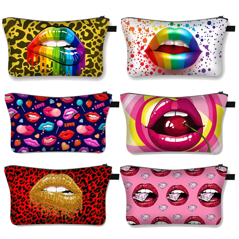 

Personality Woman Red Lips Printed Cosmetic Bag Exaggeration Girl Cosmetic Case Fashion Ladies Portable Travel Makeup Bag