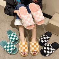 2022 winter plush slippers women checkerboard pattern ladies home fluffy slippers casual and comfortable slippers