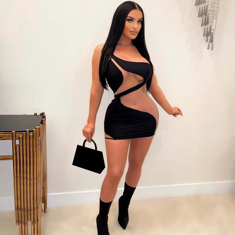 

WUHE Women Spaghetti Strap One Shoulder Mesh See Though Patchwork Bodycon Dress 2022 Sexy Party Pencil Vestidos Dresses