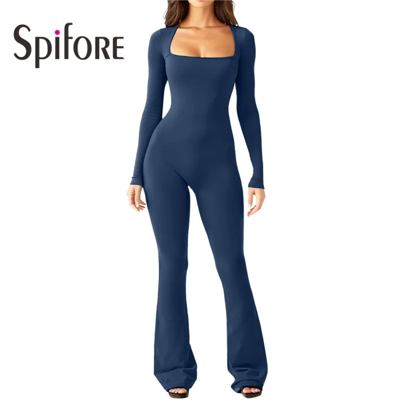 Женский комбинезон с длинным рукавом квадратным вырезом и расклешенными брюками