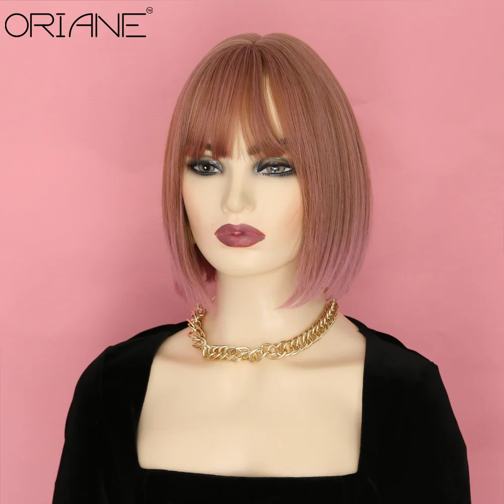 

ORIANE Bob Straight Synthetic Wigs With Bangs For Women Pink Natural Hairline Lolita Cosplay Wig Daily Wear High Temperature Wig