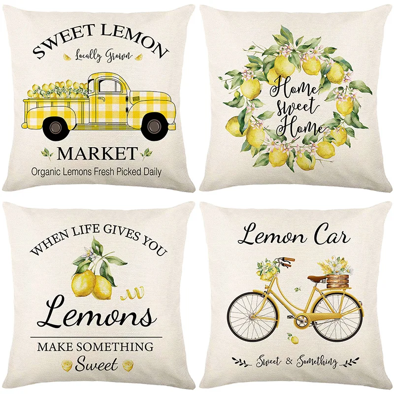 

45*45cm New Spring/Summer Pillowcase Linen Yellow Lemon Truck Print Home Pillow Cushion Combination