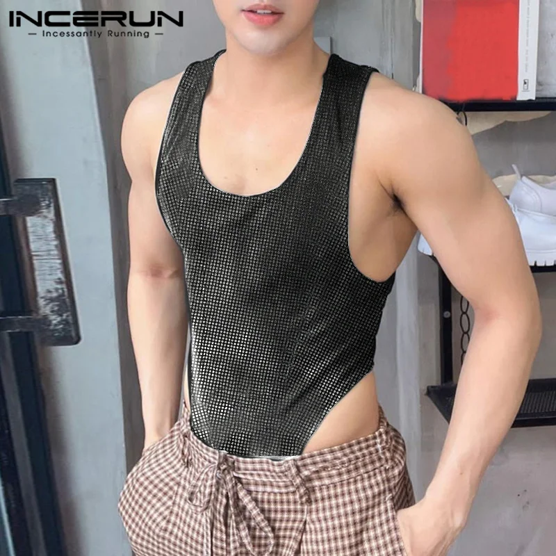 2023 Men Bodysuits Sparkling Sequin O-neck Sleeveless Rompers Tank Tops Streetwear Fitness Sexy Male Bodysuits S-5XL INCERUN