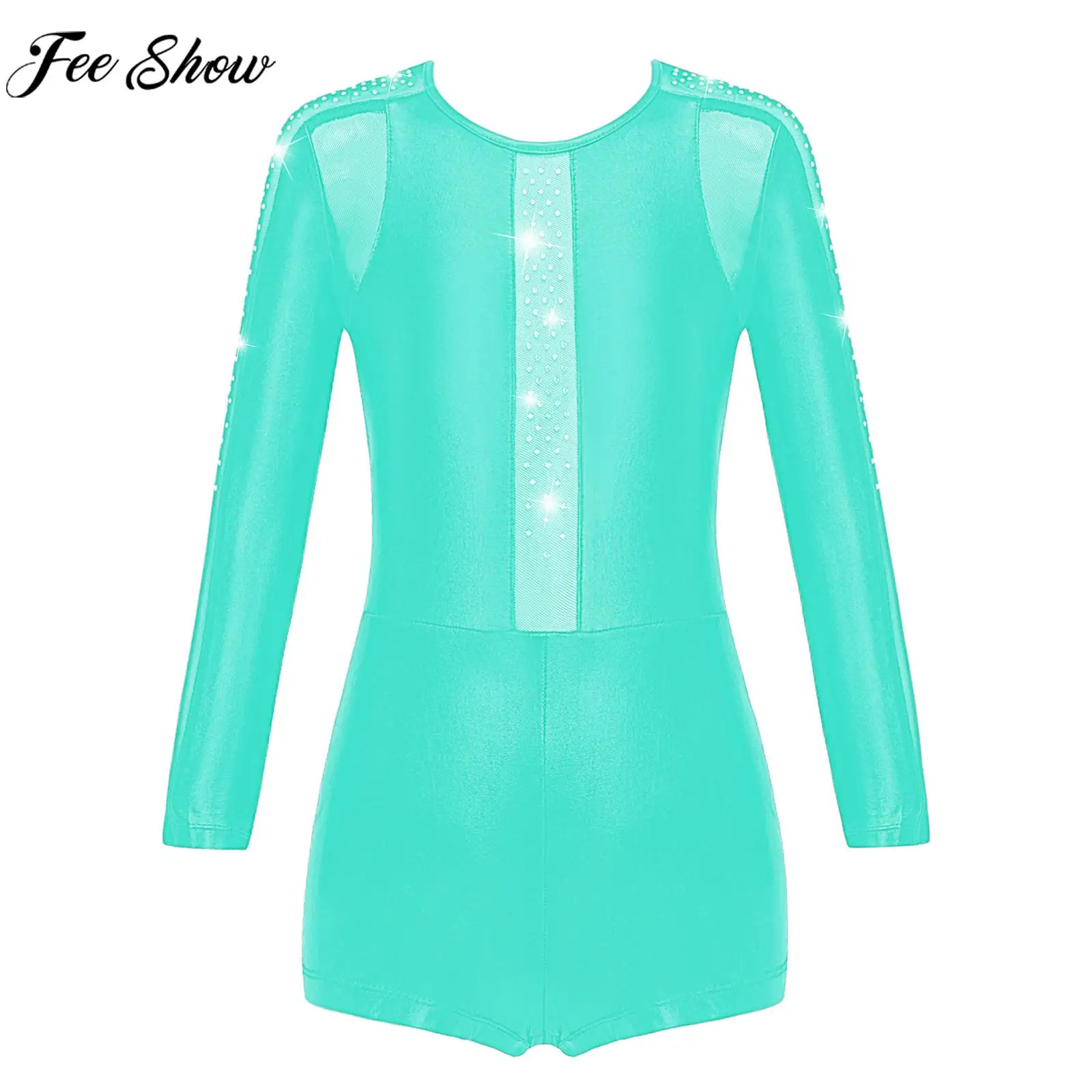 

Child Girls Leather Jazz Dance Leotard Shiny Rhinestone Sheer Mesh Backless Jumpsuit Ballet Gymnastics Figure Skating Bodysuit