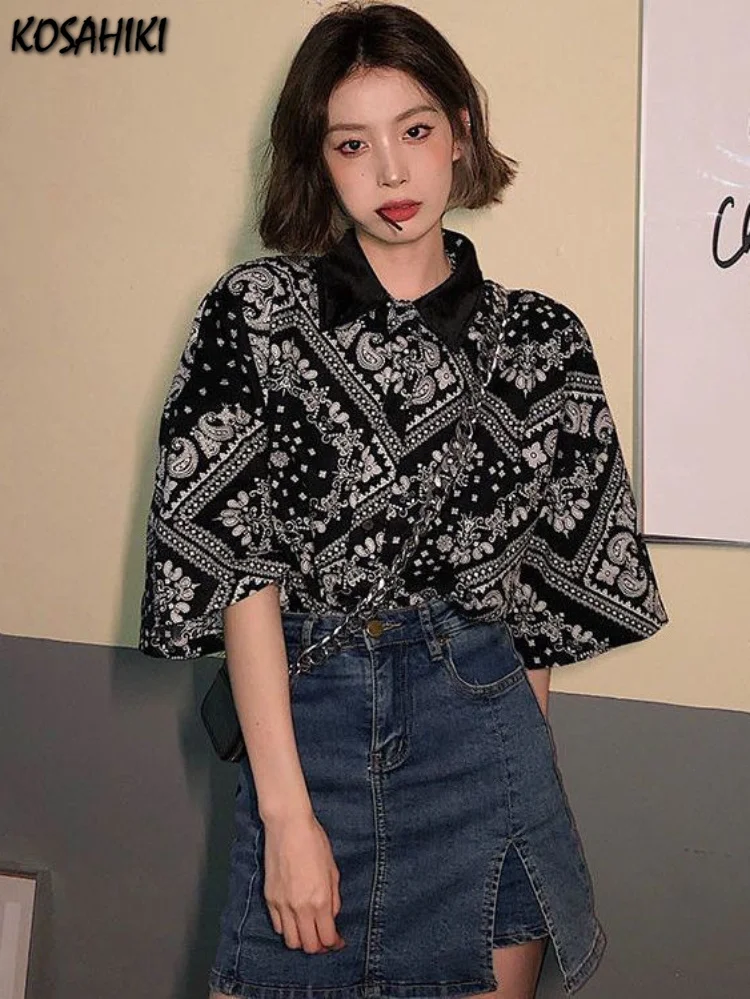 

Y2k Aesthtic Blouse Womens 2023 Spring Paisley Print Summer Vintage Loose Blusas Turn Down Collar Short Sleeve Harajuku Shirts