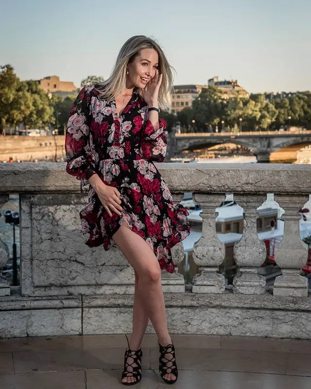

Autumn New Style Rose Flower Print Double-layer Irregular Skirt Long-sleeved Midi Dress
