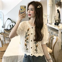 korean style hollow embroidery flared sleeve stitching short sleeved cardigan top long sleeve shirt women korean fashion