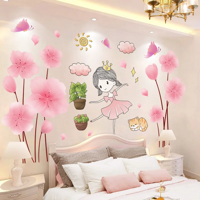 

[SHIJUEHEZI] Cartoon Girl Wall Stickers DIY Flower Plants Wall Decals for Kids Rooms Baby Bedroom Kindergarten House Decoration