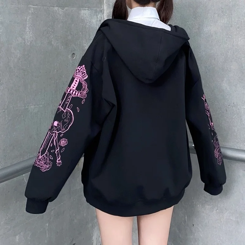 

Harajuku Zip Up Hoodies Women Punk Goth Long Sleeve Printed Sweatshirt Autumn Streetwear Oversized Black Female Hoodie Jacket