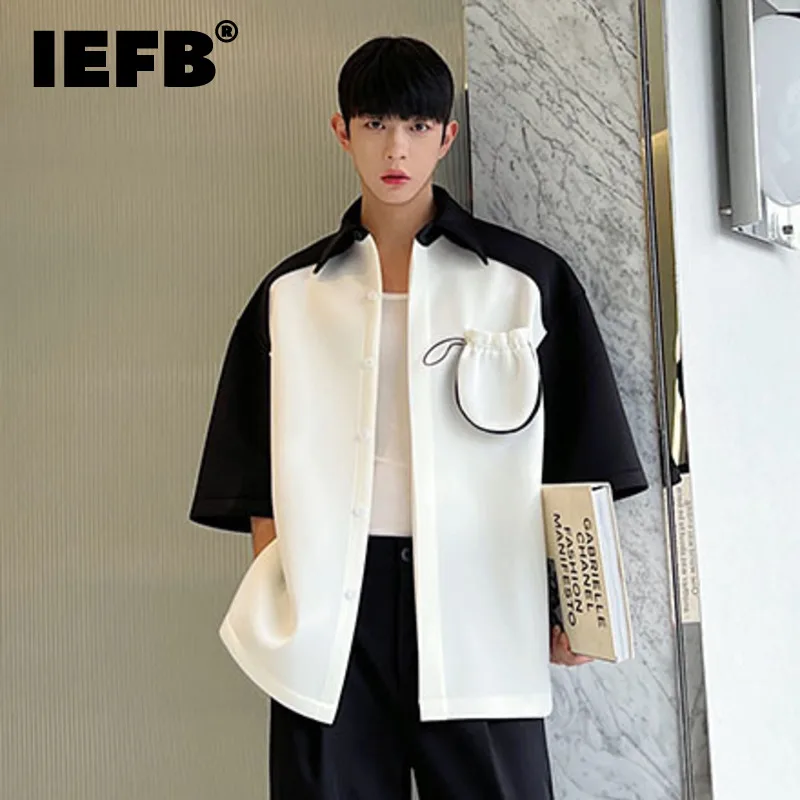 

IEFB Summer Design Knitted Contrast Color Short Sleeve Men Shirt 2023 Single Breasted Pocket Turn-down Collar Fashion 9A7700