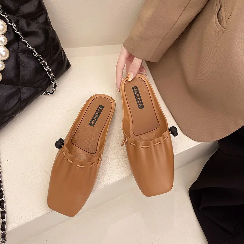 

Retro Square toe pleated mules women elastic band slippers summer shoes woman sandalias flat cover toe slides lazy pantuflas new