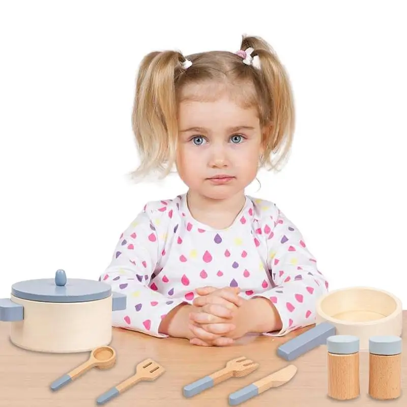 

Wooden Pretend Play Cooking Set Wooden Cooking Toys Pots And Pans Kitchen Set For Kids 10 Pieces Wooden Cooking Utensils Plates