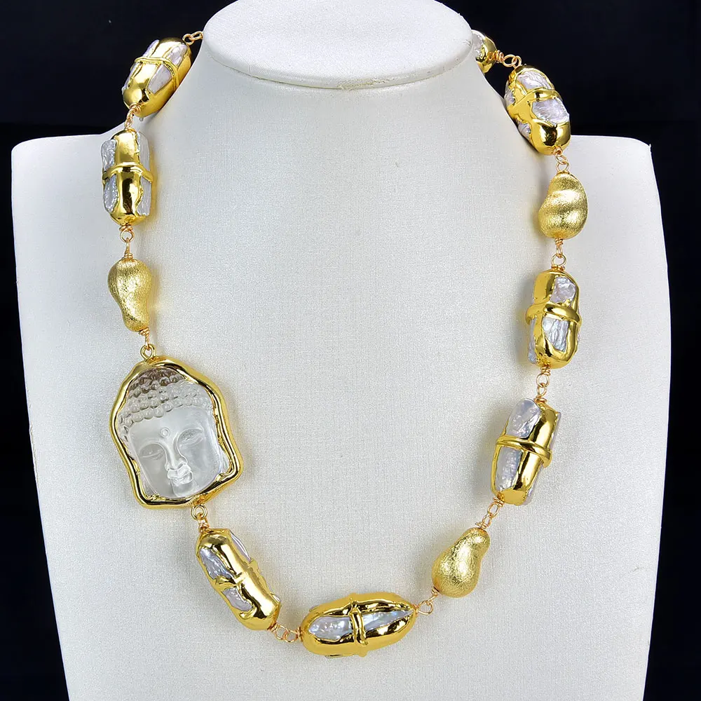 

GG Jewelry Freshwater Cultured White Biwa Pearl Clear Quartz Buddha Buddhist Statues 24K Brushed Beads Necklace Bracelet Sets