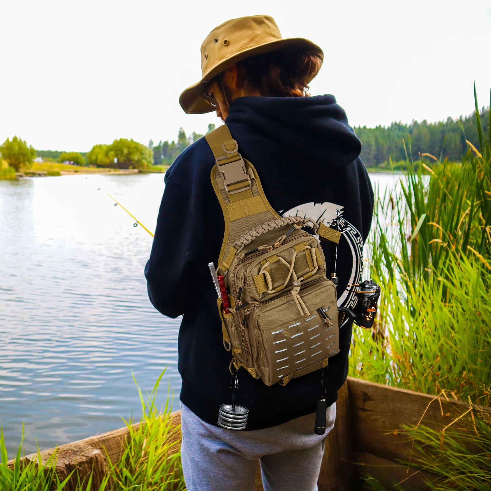 Night Cat Fly Fishing Sling Pack for Men Women Fishing Tackle Storage Bag with Rod Holder Crossbody Backpack Compact Water-Resis