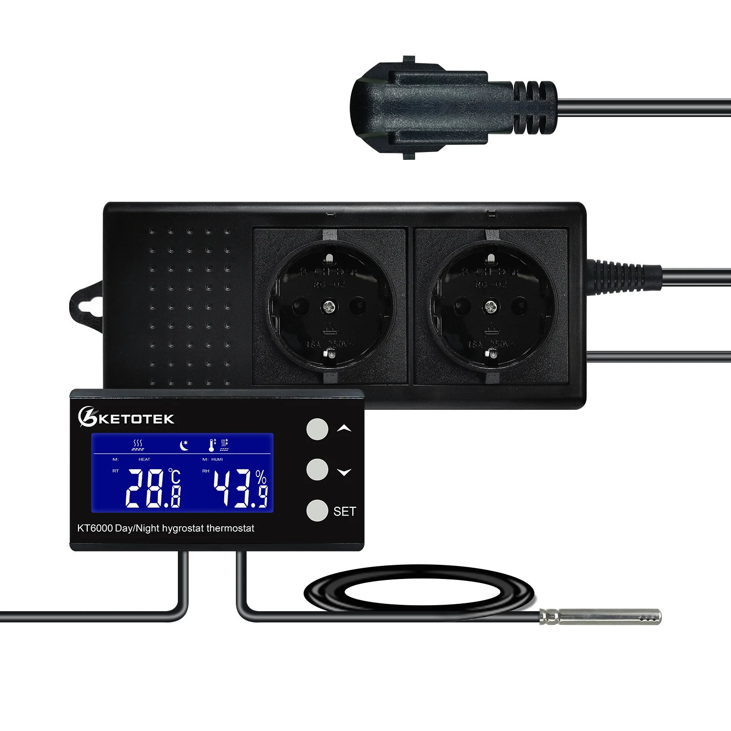 

Цифровой регулятор температуры и влажности, реле на розетке, термостат, регулятор гигромаста, 220 В, 10 А, KT6000, синий ЖК-дисплей, вилка европейского стандарта