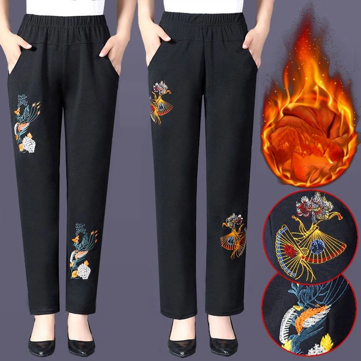 

Middle-aged Women Pants Elastic High Waist Casual Pants Atumn Flowers Embroidered Trousers Loose Winter Warm Straight Pants L143