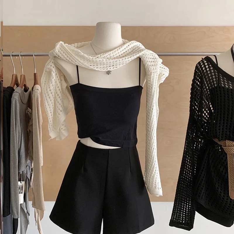 Hollow Out Knit Sweater Women Y2K Summer Sexy Slash Neck Long Sleeve Tops Fashion Loose with Belt Solid Female Pullovers