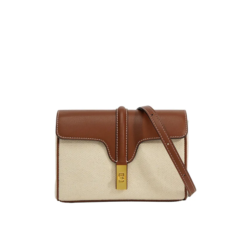 

Saddle Bag Versatile Genuine Leather Bag Canvas with Leather Gold Buckle Flap Twist Lock Diagonal Straddle Shoulder Bag