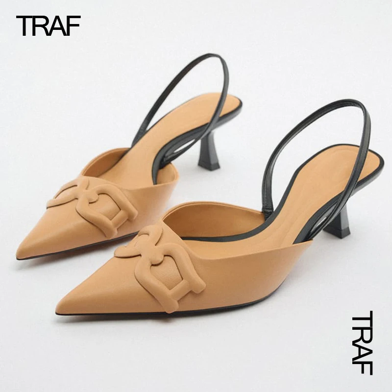 

TRAF Woman Pumps Elegant Medium Heel Women's Shoes Weddings Bridal Slingback Pointe Shoes Women Heels Fashion Ladies Small heel