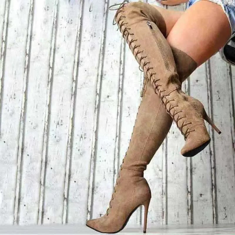 

Women Long Boots Thin High Heels Pointed Toe Lace Up Ladies Shoes Sexy Spring Autumn Over Knee Boots Woman High Boots