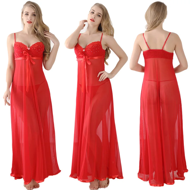 

Sexy long skirt women's suspender thin mesh transparent Pajama suit sponge breast pad temptation nightdress wedding underwear
