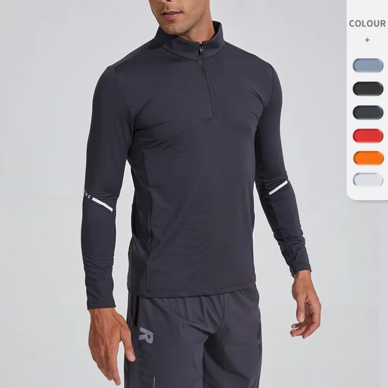 LU Gym T-shirts Man Long Sleeve with Zipper Quick Dry Training Sport Top Fitness High Elastic Muscle Stand Collar Golf Wear