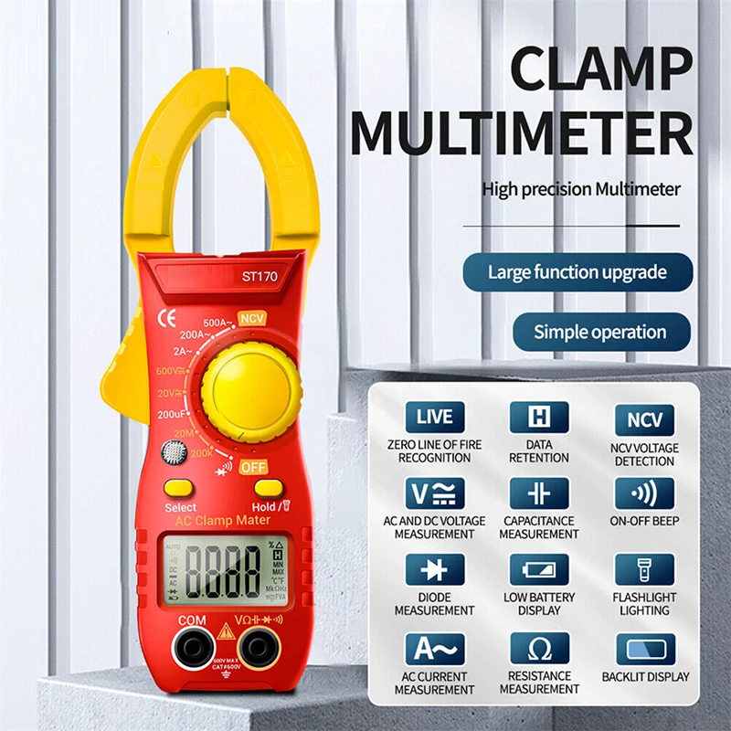 

2000 Count 500A ST170 Multimeter Digital Multi-Meter Current Clamp Tester Professional Resistance Diode Live Wire Hz Test Pen