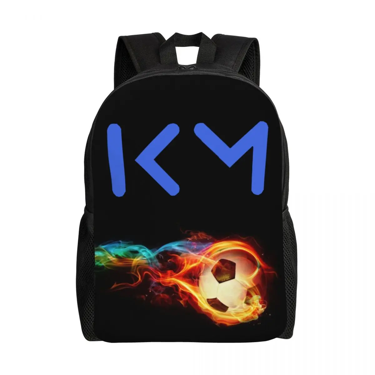 Personalized Blue KM Mbappe Football Soccer Backpack Men Women Fashion Bookbag for School College Bags