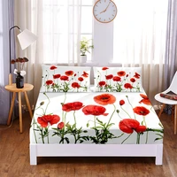 blooming flowers pattern 3pc polyester solid fitted sheet mattress cover four corners with elastic band bed sheet2 pillowcases