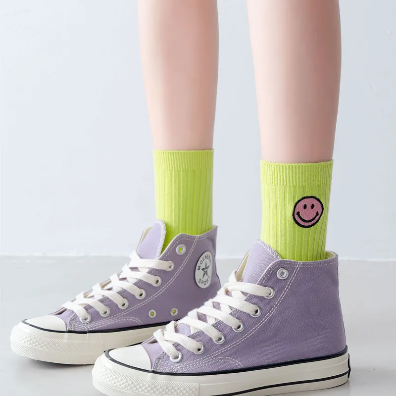 Spring Summer Women Middle Tube Socks Japanese Style Candy Colour Cute Smiley Face Embroidery Breathable Cotton Sports Socks