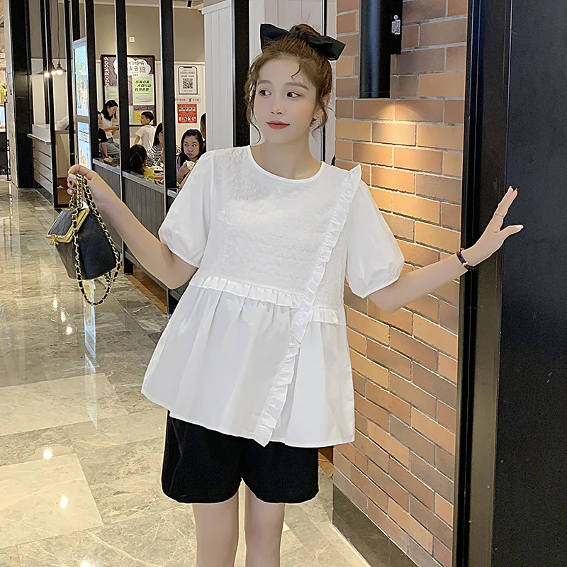 

470# Summer Korean Fashion Thin Maternity Blouses Shorts Sets Cute Lovely Shirt Clothes for Pregnant Women Casual Pregnancy Tops