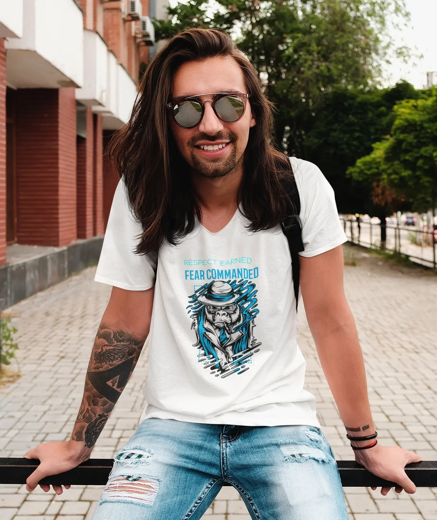 Мужская футболка Gangster Gorilla Respect Earned Fear Commanded Streetwear Bold Statement Strength Authority Идеально