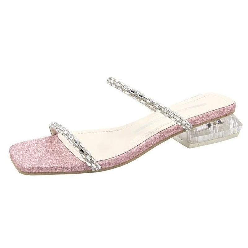 Korean Summer 2022 New Women Slippers Fashion Crystal Square Heel Shoes for Women Low (1cm-3cm) Outside Slides for Woman