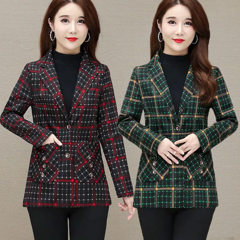 

Women Blazer Korean Casual Slim Blazers Jackets Plaid Work Coat Outerwear Fashion Spring Autumn Female Jacket Office Lady J357