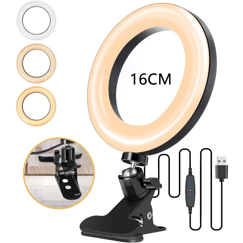 

Selfie Ring 16cm Light Clip with Clamp Mount Desk Makeup Video 360 Degrees Rotatable Ring Lamp Dimmable Color Live Steam Webcam